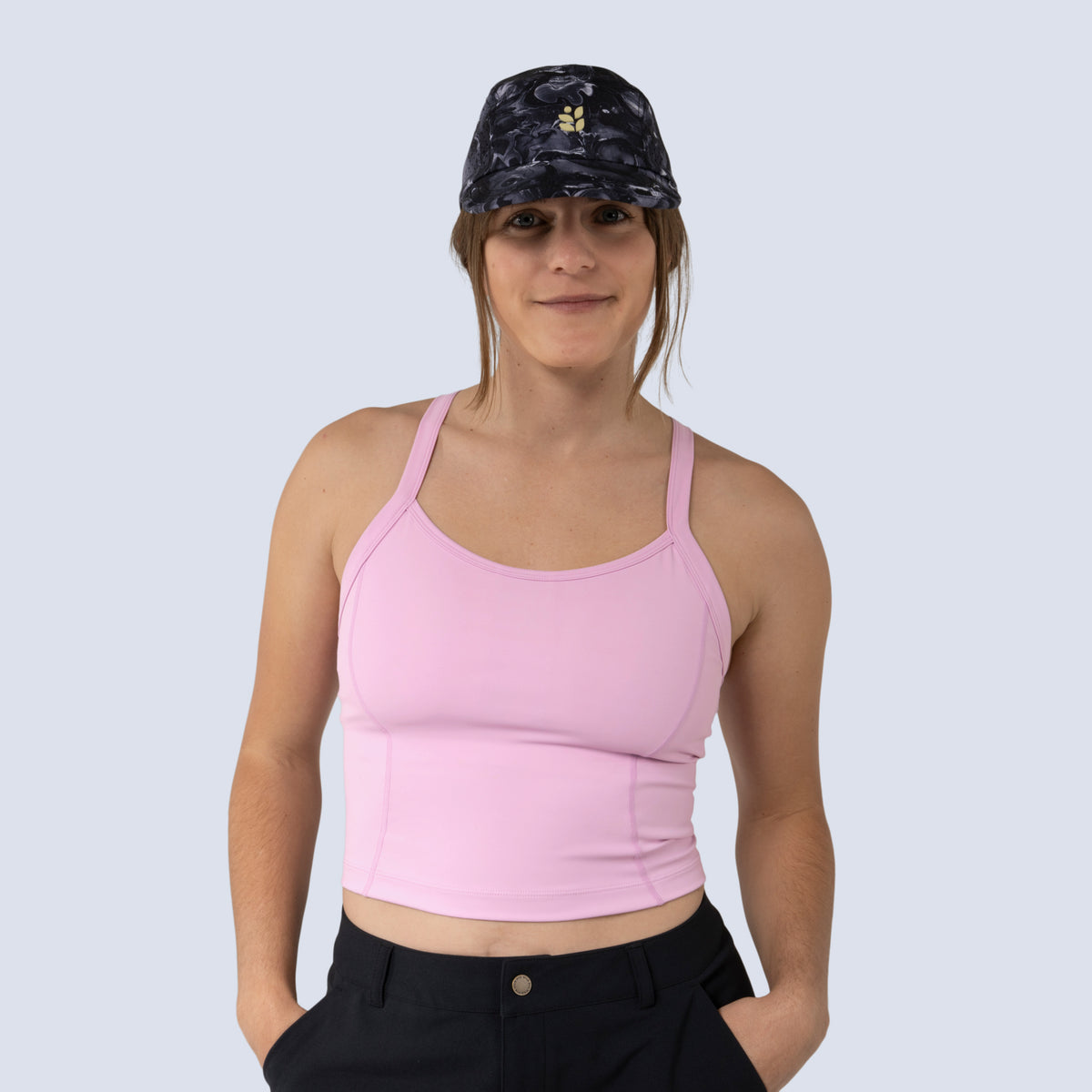 [Alpenglow] Lucille crop tank in alpenglow pink, on model front crop view