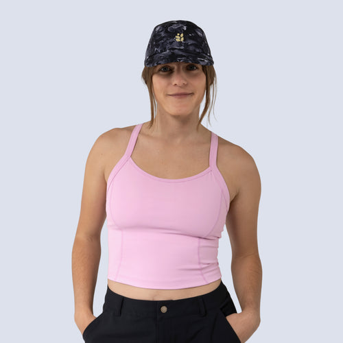 [Alpenglow] Lucille crop tank in alpenglow pink, on model front crop view