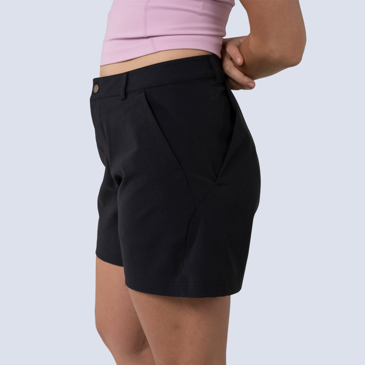 [Black] Esther Short in black, on model side crop view