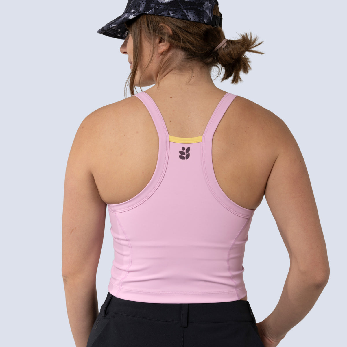 [Alpenglow] Lucille crop tank in alpenglow pink, on model back crop view