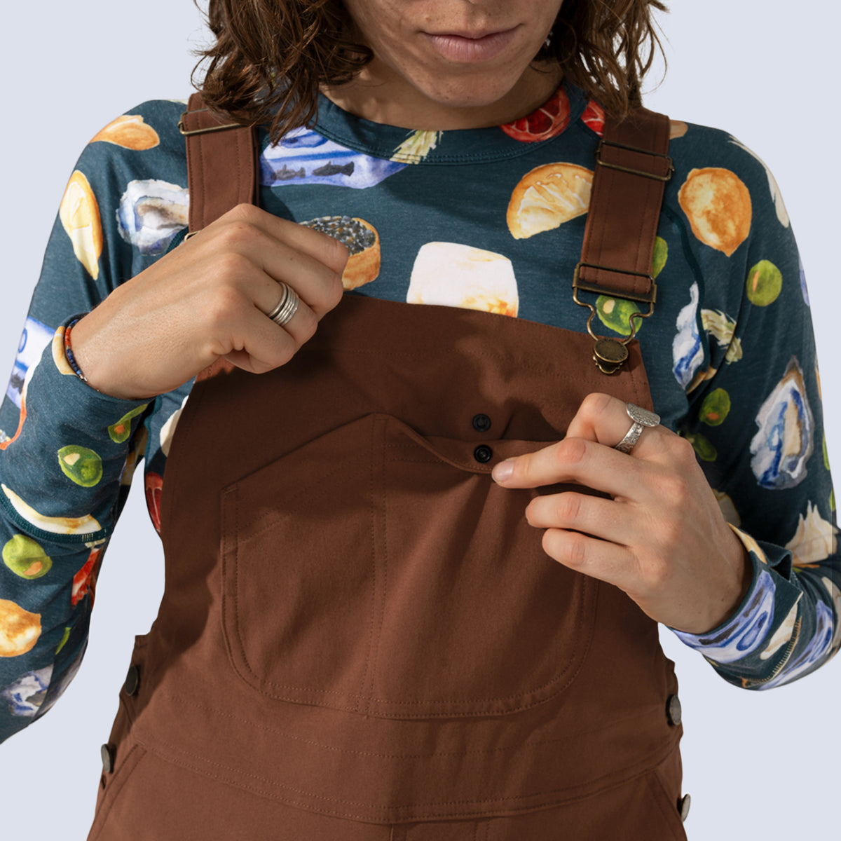 [Chestnut] Emmett Overalls Chestnut Front Snap Pocket Detail