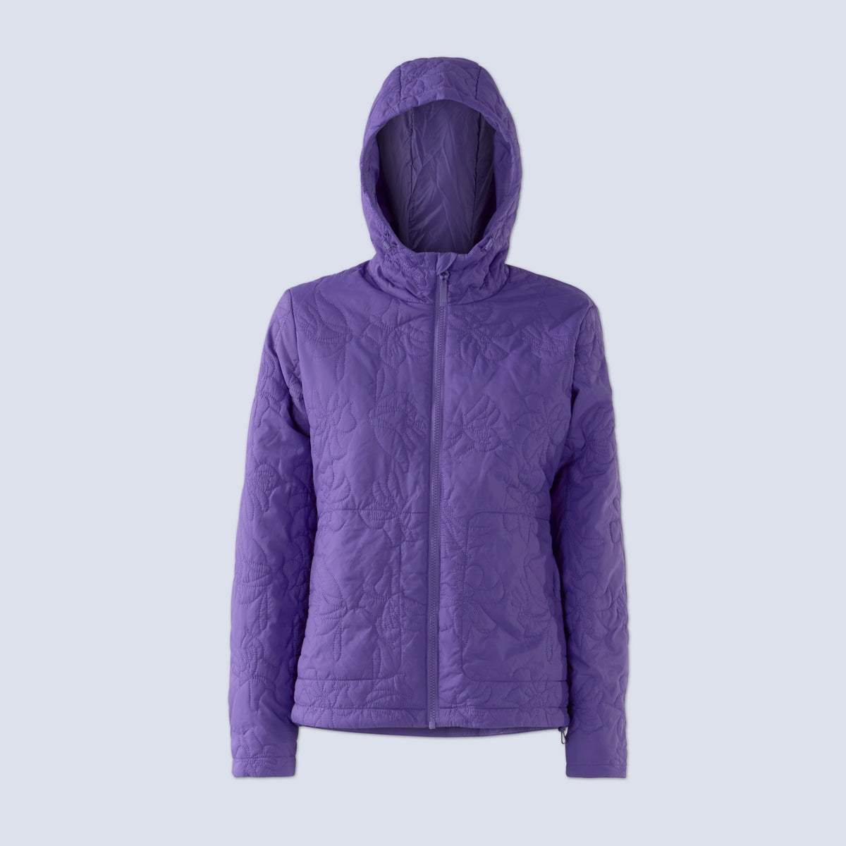 [Iris] Payette insulated jacket in iris purple with floral contrast stitching, flatlay