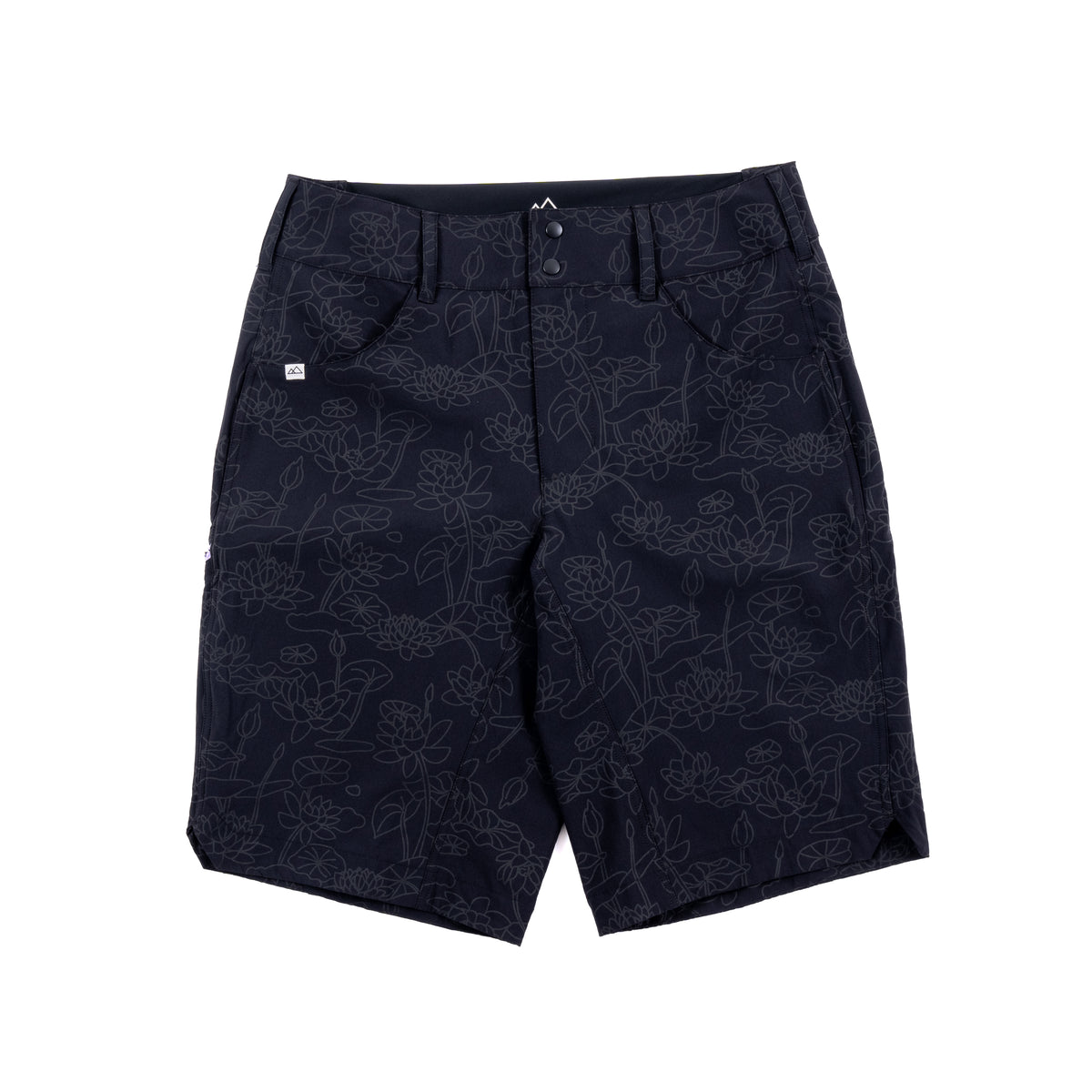 [Lotus Grayscale] Freel FLEX Bike Short in Lotus Grayscale, flatlay view showing floral design and pockets.